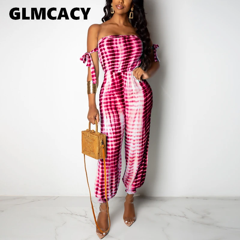 Women Summer Off Shoulder Sexy Jumpsuit Vintage Printed Bodycon Streetwear Overalls Sexy Party Club Jumpsuits