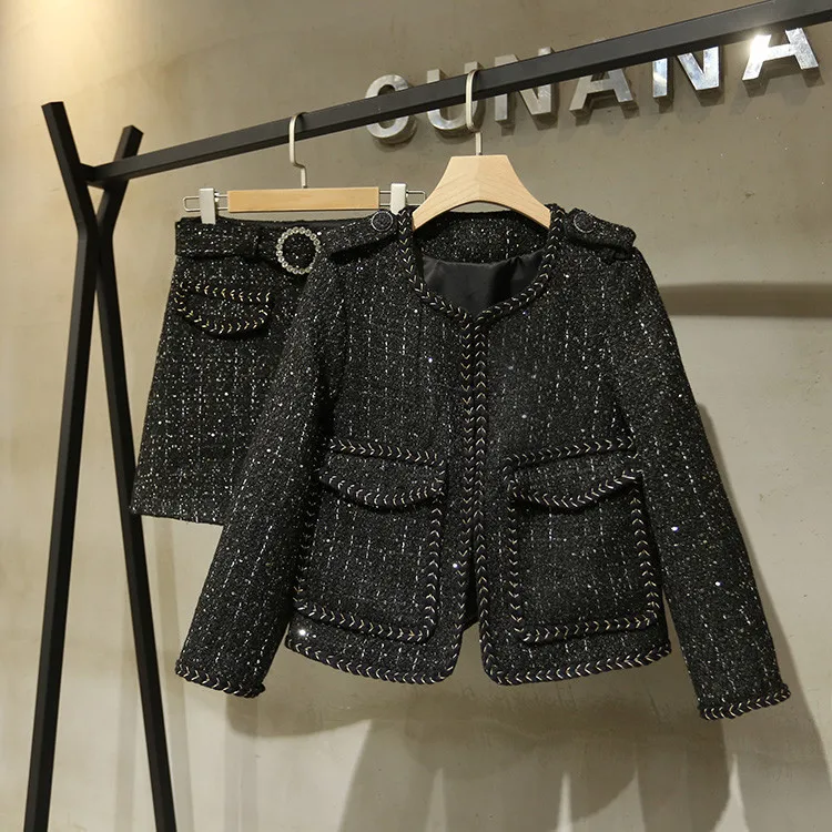 Vrouwen Hoge kwaliteit zwart tweed jas + EEN-lijn rokken Herfst elegante OL rok Pak B262 Vrouwen Hoge kwaliteit zwart tweed jas + EEN-lijn rokken Herfst elegante OL rok Pak B262