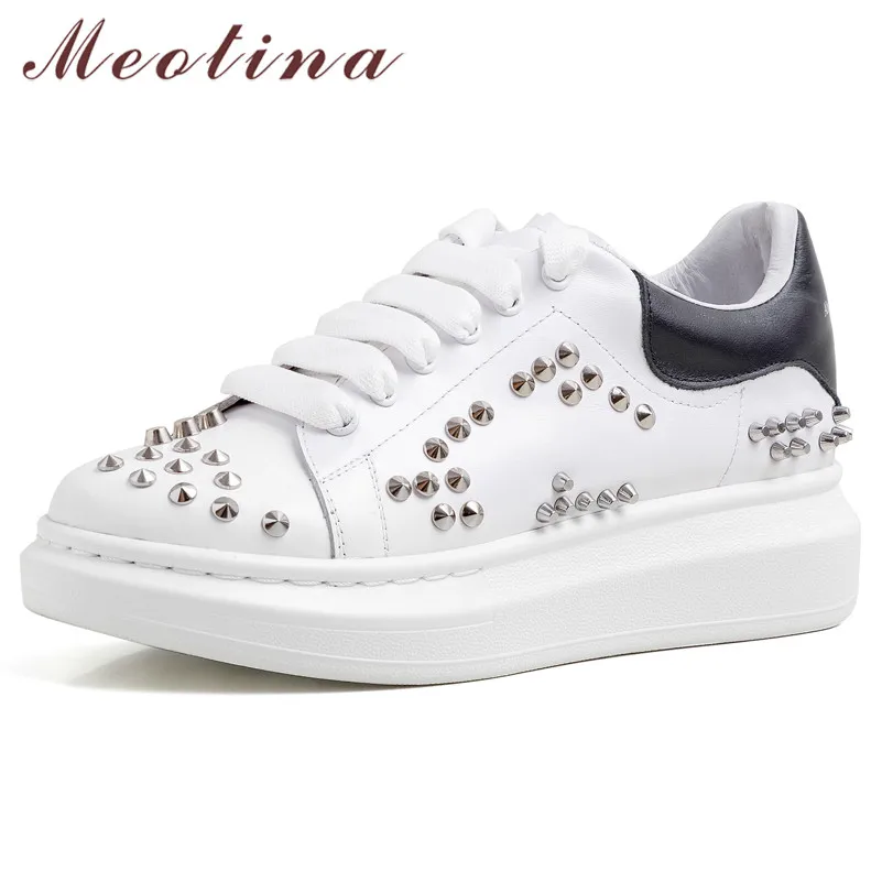Meotina Real Leather Flats Sneakers Women Shoes Natural Genuine Flat Platform Rivets Round Toe Lady Size 40 | Обувь
