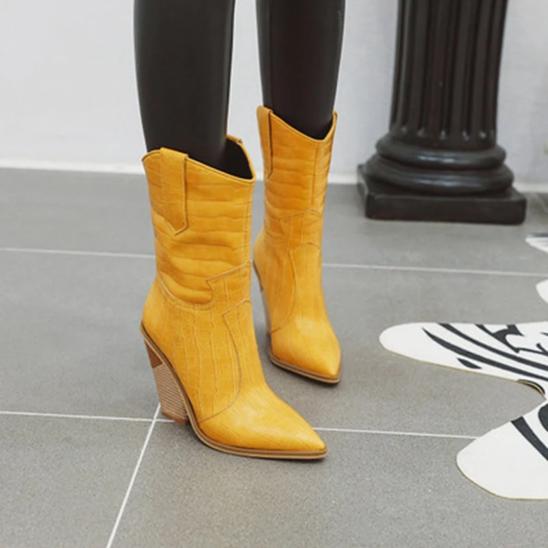 

CYSINCOS 2019 Western Boots For Women Pointed Toe Short Boots Mid-Calf Boots Black White Winter Boots Women Shoes