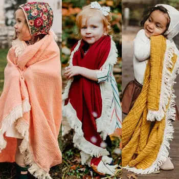 

2Pcs Newborn Baby Cotton Swaddles Toddler Girls Boys Wrap Stroller Cover Blankets Bath Gauze Wrap Tassel Sleeping Bag+Hat Set