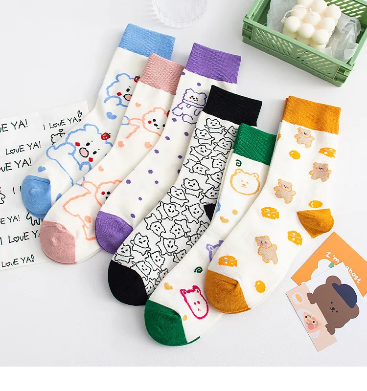 

New Cartoon Women's Breathable Cotton Socks White Cute Bear Lovely Animal Pattern Girl Sock Female Sox Harajuku Steetwear Soks