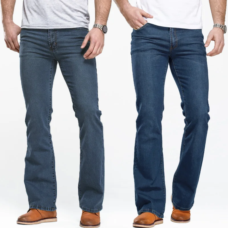 Tanie Męskie jeansy typu Boot-Cut lekko rozkloszowane Slim Fit niebieskie czarne