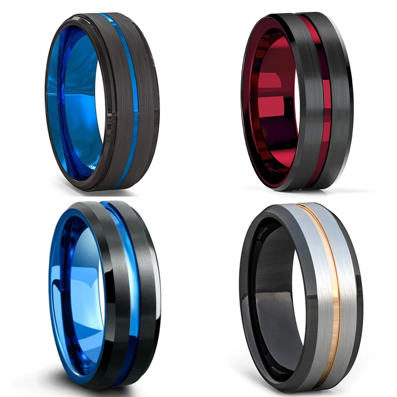 Anillo de carburo de tungsteno negro de 8MM para hombre, con ranura azul y roja, borde biselado, sortija de aniversario de compromiso de boda, joyería