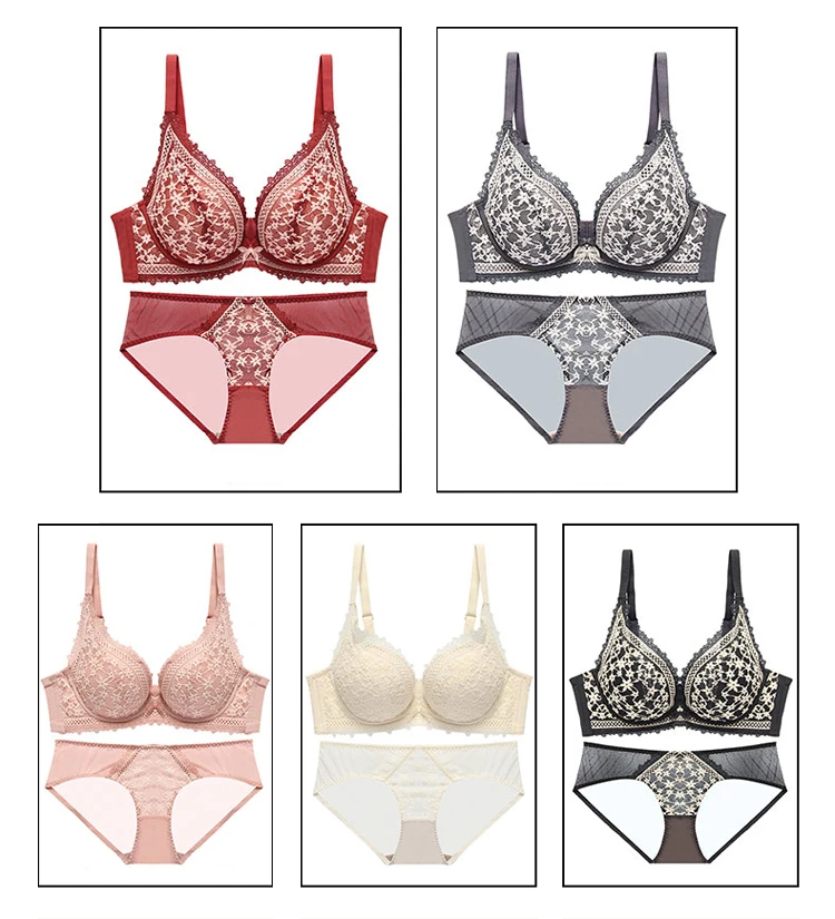 CINOON New Top Sexy Bra set Women's push up Lace Underwear Set Embroidery Jacquard Underwear Panties Deep V Gather Lingerie Set (21)