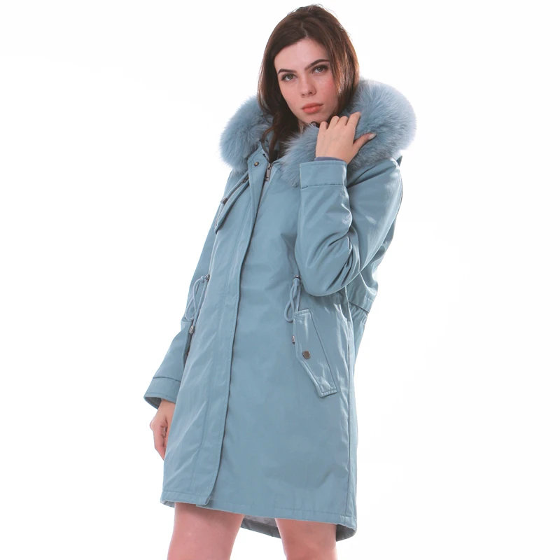 Роскошная куртка с капюшоном из натурального меха, Зимняя женская куртка с подкладкой из натурального меха размера плюс, водонепроницаемые женские куртки, пальто, большие размеры - Цвет: Синий