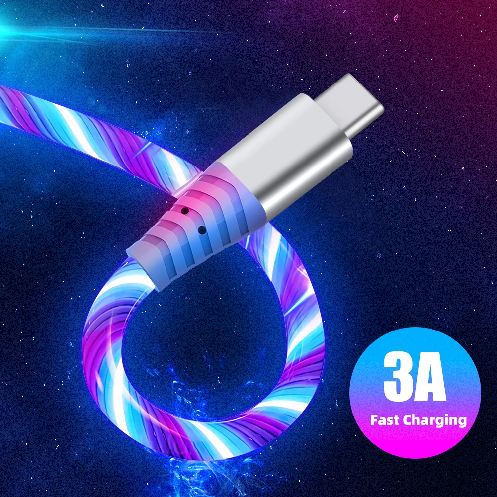 Светящийся светодиодный кабель 3A для быстрой зарядки Micro USB Type C высокоскоростной