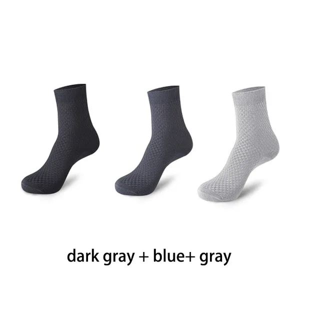 3Pairs/lot Bamboo Fiber Long Socks Men Fashion Crew Socks Plaid Business Socks Man Solid Color Autumn Calcetines hombre blue gray  darkgray