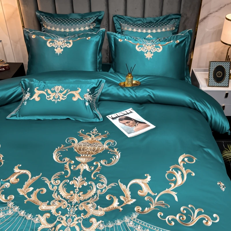 Luxury Gold Royal Embroidery Satin Silk Cotton Bedding Set Smooth Silky Double Duvet Cover Set Comforter Cover And Pillowcases