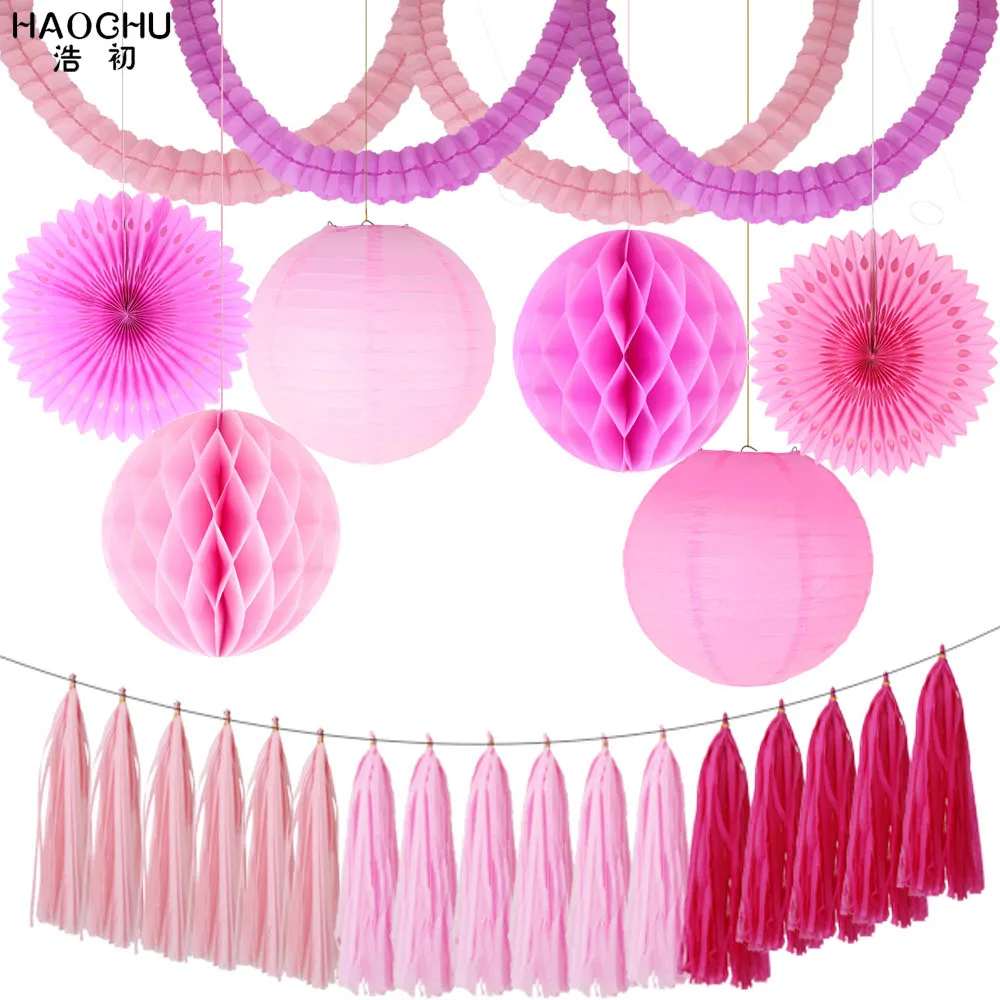 1Set 23pcs Mixed DIY Tissue Paper Tassel/Garland/Lantern/Fans/Honeycomb Balls Party Decorations Wedding Kids Unicorn Birthday - Цвет: Pink