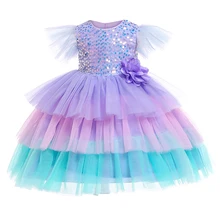 Нарядное платье принцессы; милые детские платья с блестками и цветочным рисунком для девочек; платье с рюшами на рукавах для отдыха; рождественское платье; костюм для девочек