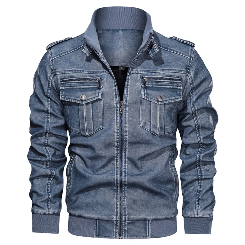 JAYCOSIN куртка мужская джинсовая куртка большого размера однотонная повседневная кожаная куртка с эффектом потертости со стоячим воротником ветровка повседневные куртки#45 - Цвет: Blue