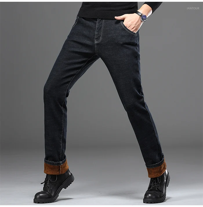 Зимние мужские теплые джинсы классические плотные джинсовые эластичные облегающие черные джинсы брюки мужские Брендовые повседневные деловые синие черные брюки