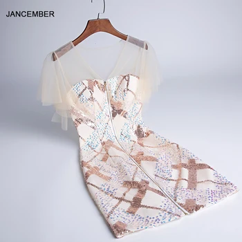 

JANCEMBER Illusion Tulle Cocktail Dresses 2020 With Gold Sequin Which Zipper Front V Neck Robe De Soiree Femme Pour Mariage
