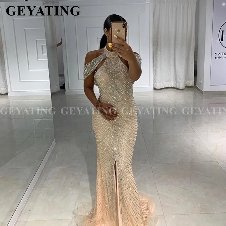 Роскошное Золотое вечернее платье русалки с бисером и открытыми плечами, серебряные африканские платья для выпускного вечера с разрезом, арабское вечернее платье с высоким горлом