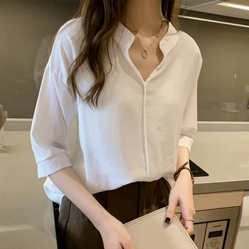 

4XL Women Half Sleeve V-neck Blouse Summer Chiffon Solid Casual Blouses Female 2020 Elegant Casual Sweet Ladies Tops Plus size