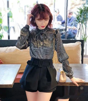 

Womens Tops and Blouses 2019 Autumn and Winter New-style Ruffle and Bow Tie Long-sleeved Shirt