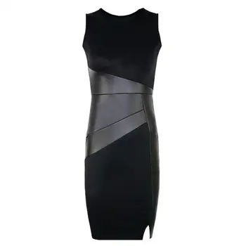 

Women Sexy Faux Leather Patchwork Sleeveless Round Neck Slim Fits Party Dress