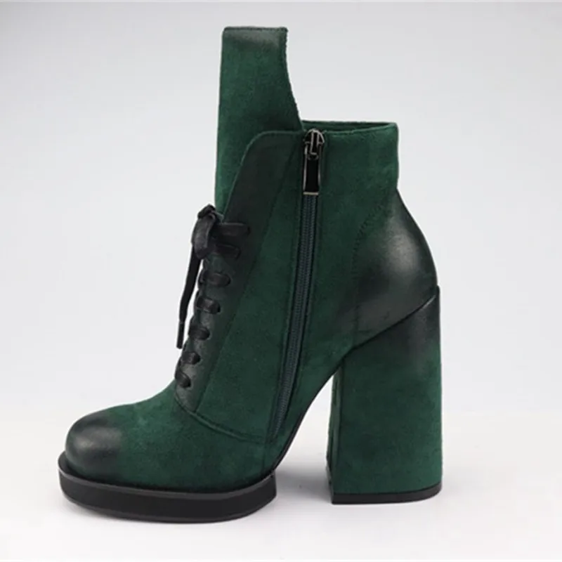 ORCHA LISA/Женские Ботильоны замшевые ботинки на платформе с перекрестной шнуровкой на высоком блочном каблуке женские вечерние ботинки; Цвет черный, зеленый