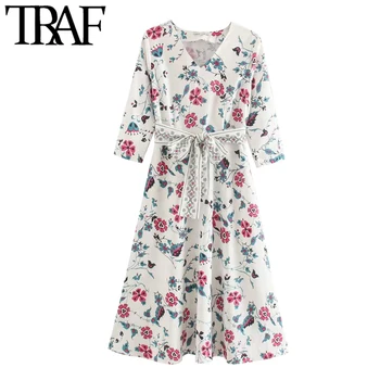 

TRAF Women Elegant Fashion Floral Print With Belt Midi Dress Vintage V Neck Half Sleeve Female Dresses Vestidos Mujer