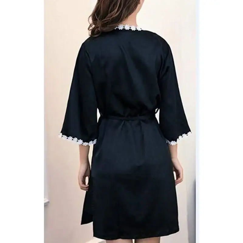 Womens Sexy Ice Silk Half Sleeve Kimono Robe Nightdress Sleepwear Set Flower Lace Pajamas Deep V-Neck Padded Camisole Nightgown