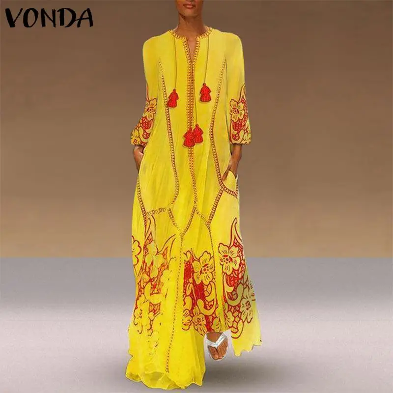

VONDA Womens Sexy Dress Maxi Long Dress Long Sleeve Printed Party Dresses Casual Loose Autumn Sundress Plus Size Vestidos S-5XL