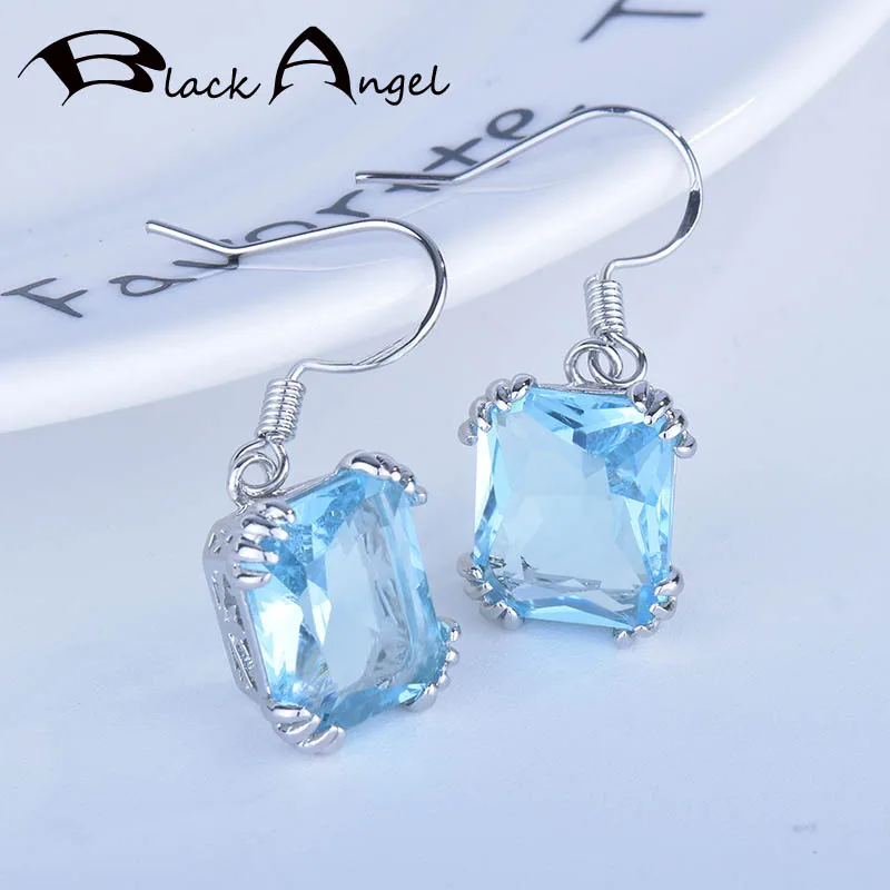 

BLACK ANGEL Sky Blue Topaz Gemstone 925 Silver Ruby Emerald Drop Earrings For Women Wedding Jewelry Christmas Gift