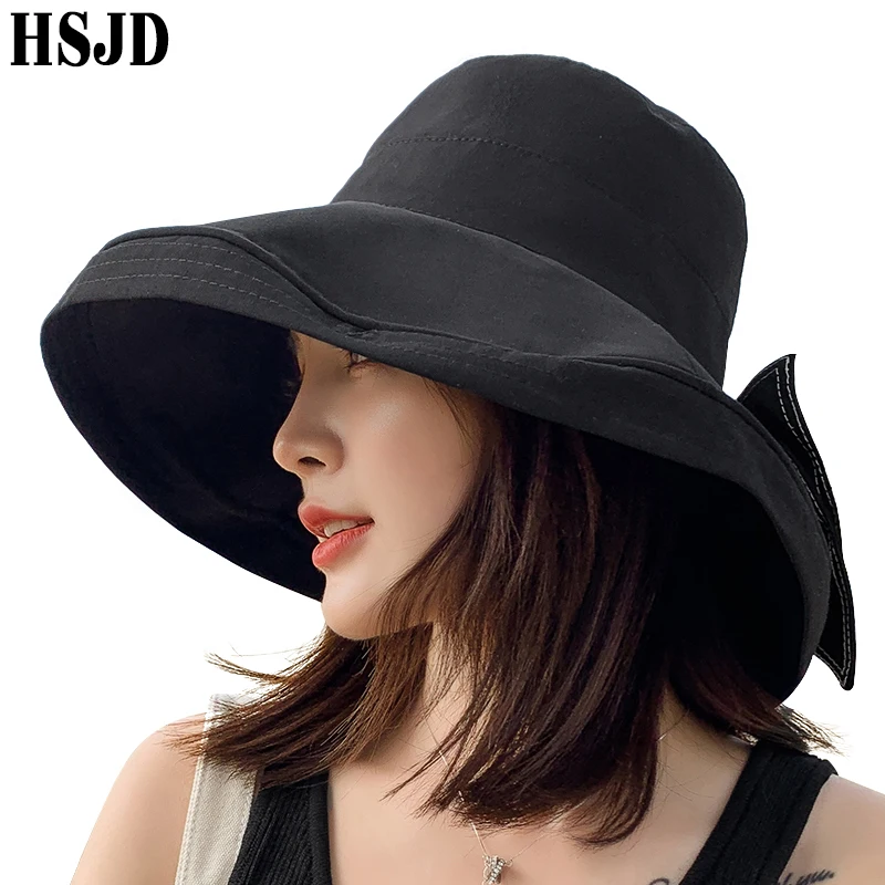 

2020 Female Elegant Large Wide Brim Bowknot Sun Hats Cotton Foldable Anti-UV Beach Hat Panama Women Summer Cap Sunscreen Bonnet