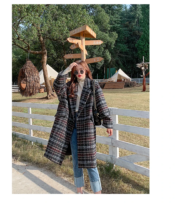 Зимнее элегантное шерстяное двубортное пальто в клетку, теплая ветровка, Женский Тренч, длинное женское пальто размера плюс