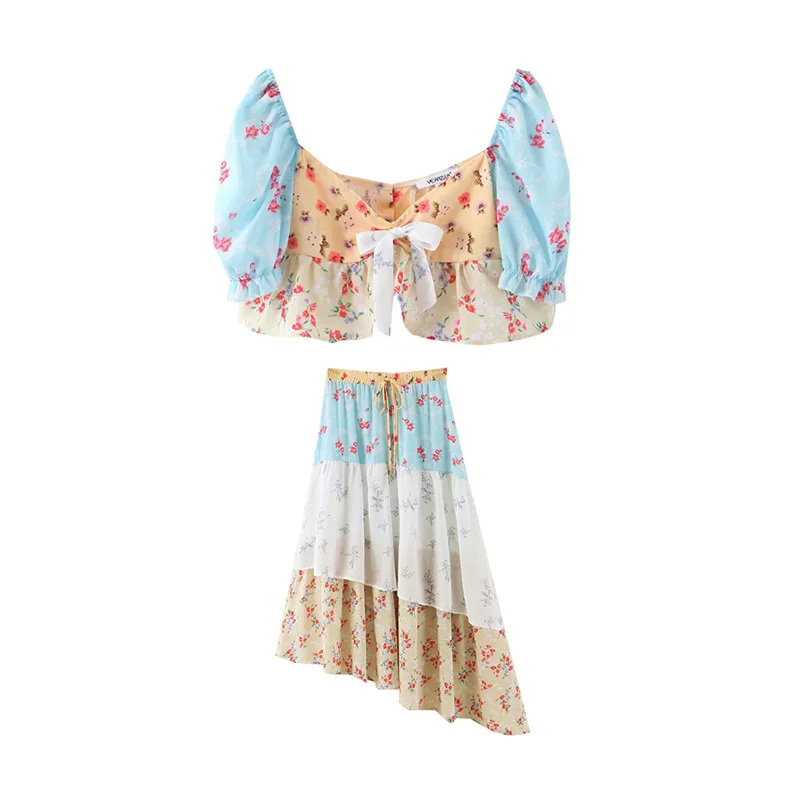 

Vacation Style Mixed Colors Printed Bow Short Tops + High Waist Drawstring Irregular Hem Skirt Two-Piece Set
