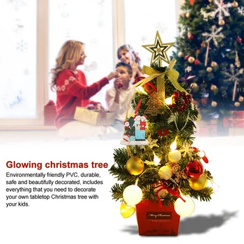 

50cm Home Decor Party Supplies Artificial Office Mini Christmas Tree Tabletop Gift Hotel With Light String Ornament Golden Bow