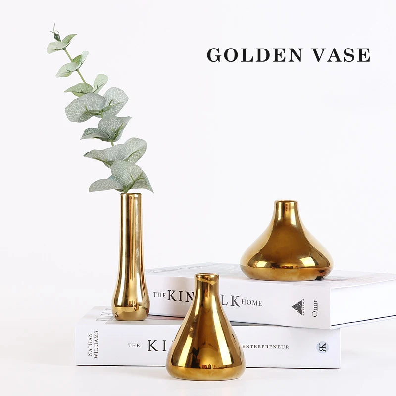 1pc Golden Ceramic Vase Mini Flower Vase Modern Metallic Gold Pot Home