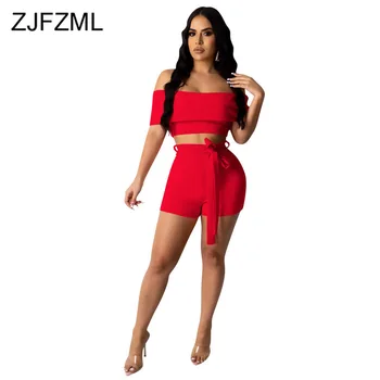 

Neon Color Sexy 2 Piece Outfits for Women Clothes Slash Neck Backless Ruffles Crop Top and Lace Up Shorts Suit Summer Tracksuits