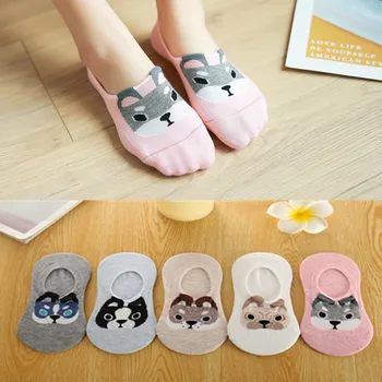 

5Pairs Women Socks Summer Korea Cartoon Cute Dog Pattern Silicone Slip Invisible Socks Women Cotton Sock Dropship