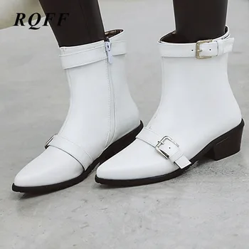 

Plus Big Size New Winter Ankle Boots Women Black Blue White Fashion Square Med Heels Shoes Woman Zipper Handmade Buckle Boot 10