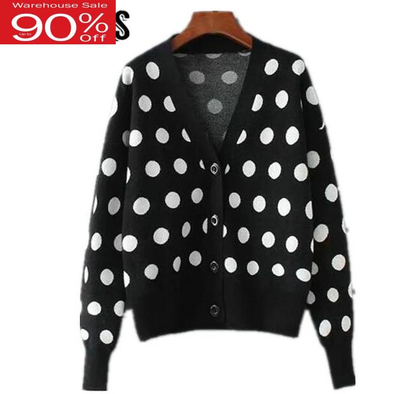 2020 Polka Dots V-neck Knitted Cardigans Sweet Style Women Knitting Sweaters |