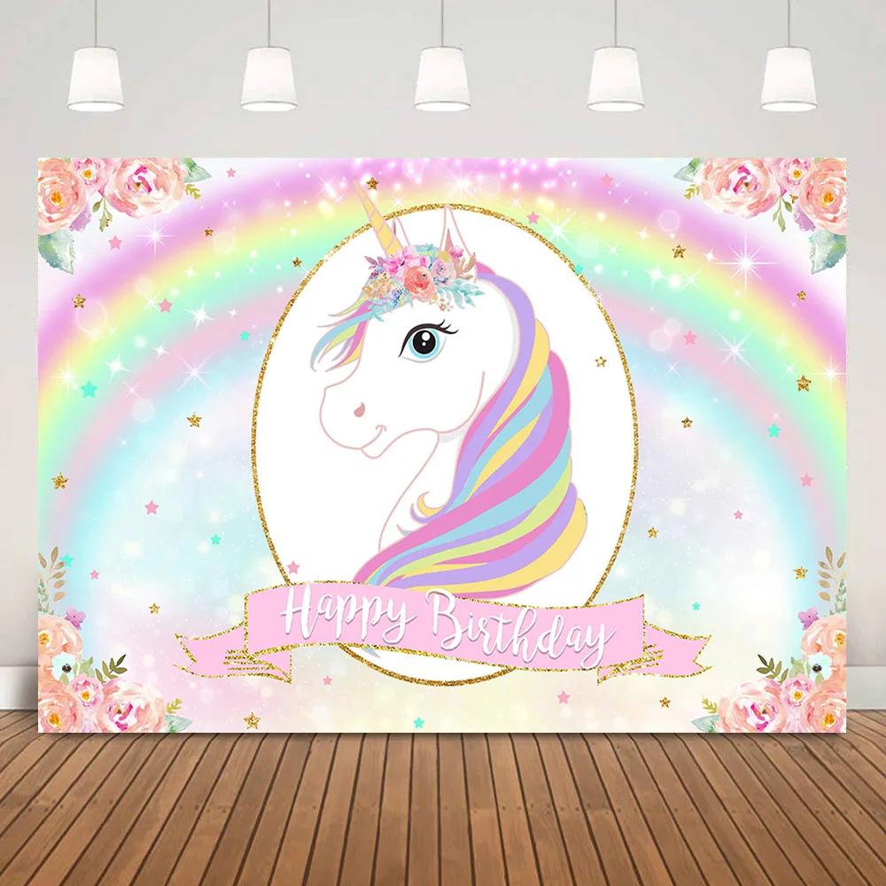 Floral Unicorn Birthday Background Rainbow Unicorn Children Happy