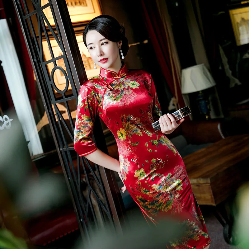 Традиционный, для китаянок платье Cheongsam тонкий сексуальный принт Ципао китайское свадебное платье Vestidos Размеры M-4XL