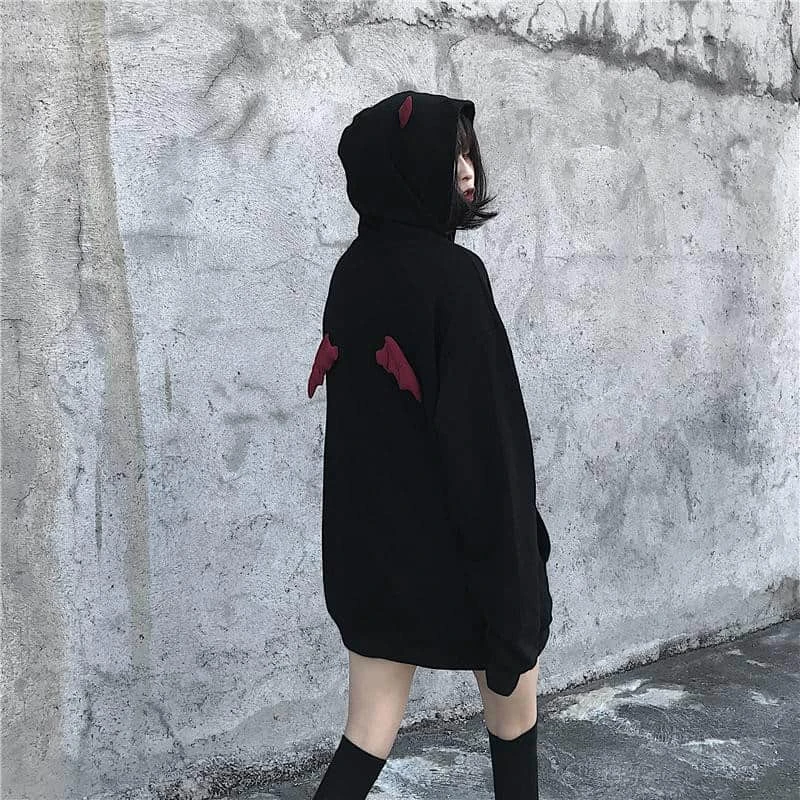Spring Autumn Women Sweatshirts High Street Harajuku Cute Hoodies Punk Gothic Devil Horn Chic Hooded Pullover Loose Sweat CA6865