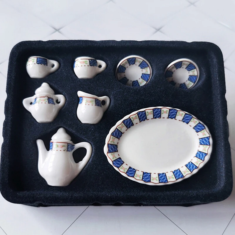 8pcs/set Dollhouse Miniature Porcelain Tea Cup Sets Mini Teapot Coffee Plate Play Kitchen Dining Tableware Toy 4