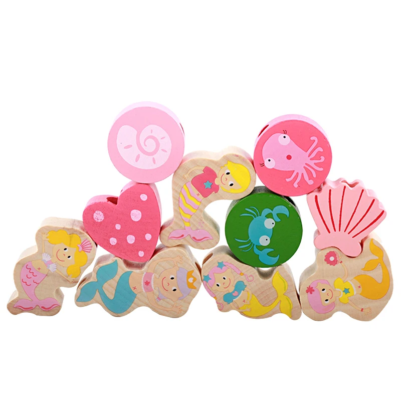 Wooden toys baby DIY toys wooden beaded building block toys mermaid beaded stringing children learning early education gifts