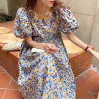 Korean Chic Dress Sweet Dresses Reduction Round Neck Care Back Hollow Lace Loose Floral Bubble Sleeve Dress