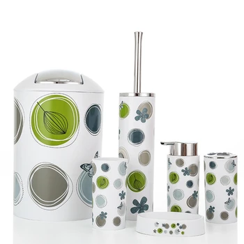 

Nordic 6Pcs/Set Printing Bathroom Accessory Set Lotion Dispenser Toothbrush Holder Tumbler Cup Soap Dish Toilet Brush Trash Can-