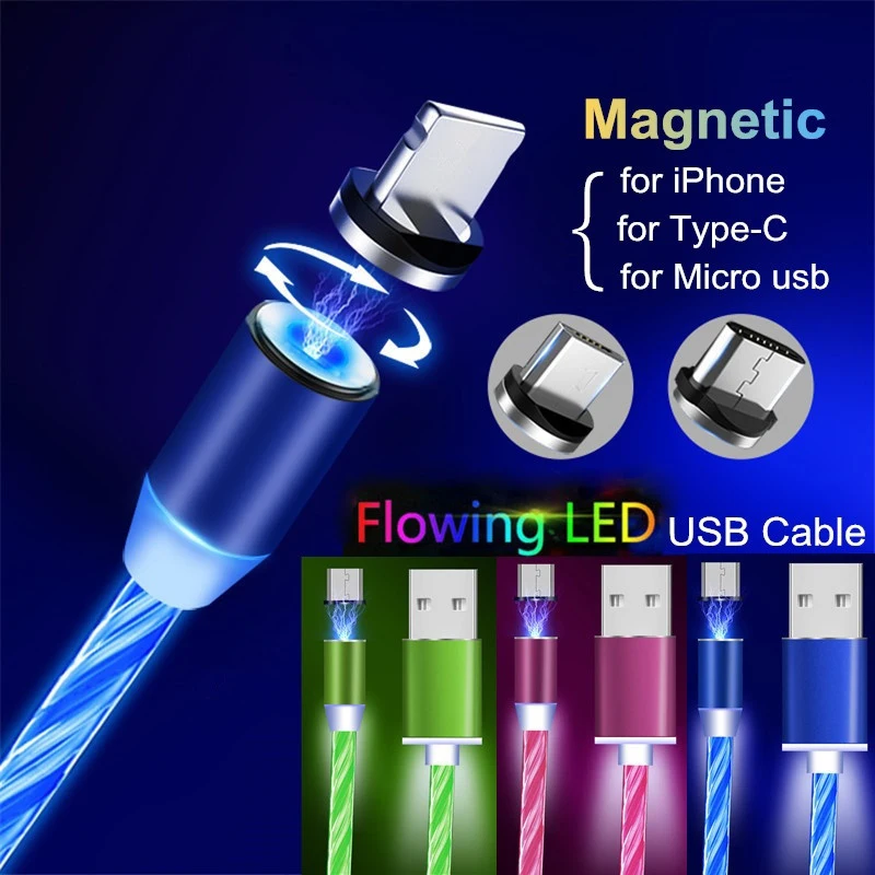 Магнитный кабель USB C Micro для iPhone светящийся с потоком провод быстрой зарядки типа