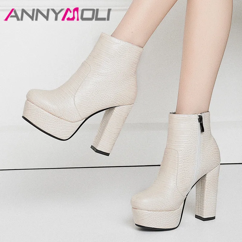 ANNYMOLI Winter Ankle Boots Women Boots Zipper Platform Thick Heels Short Boots Super High Heel Shoes Female Autumn Size 34-43