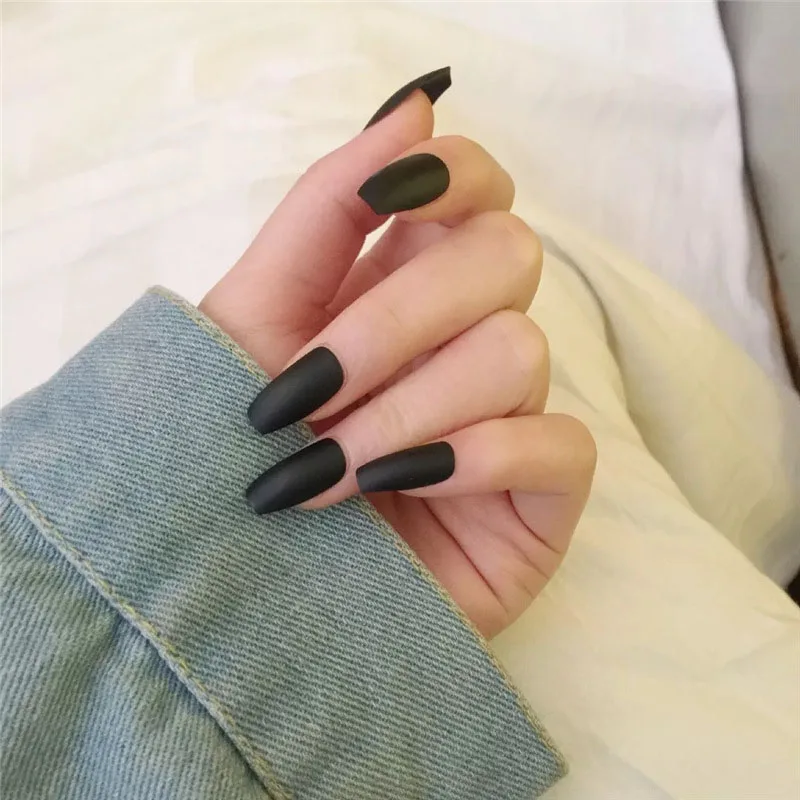24 Unids Caja De Uñas Postizas Largas Cuadradas De Color Negro Mate Con Pegamento Uñas Acrílicas Artificiales De Longitud Media Simple Para Mujer Uñas Postizas Aliexpress