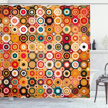 

Modern Art Shower Curtain Disc Rounded Linked Forms with Deep Concentric Vortex Lines Nostalgic Sixties Art Bathroom Decor Set
