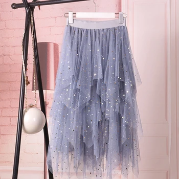 

Sequin Stars Tulle Skirts Womens Fashion Elastic High Waist Irregular Mesh Tutu Skirt Midi