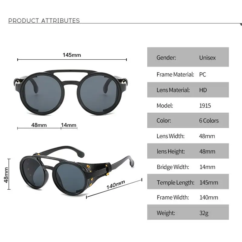 Винтажные стимпанк Солнцезащитные очки для мужчин и женщин классический бренд Модные кожаные с боковыми щитами Круглые Солнцезащитные очки Панк очки UV400