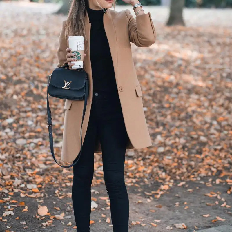 Женское шерстяное пальто, тонкая однотонная верхняя одежда, однотонное пальто со стоячим воротником и карманами для офиса и отдыха, Осень-зима, женские пальто